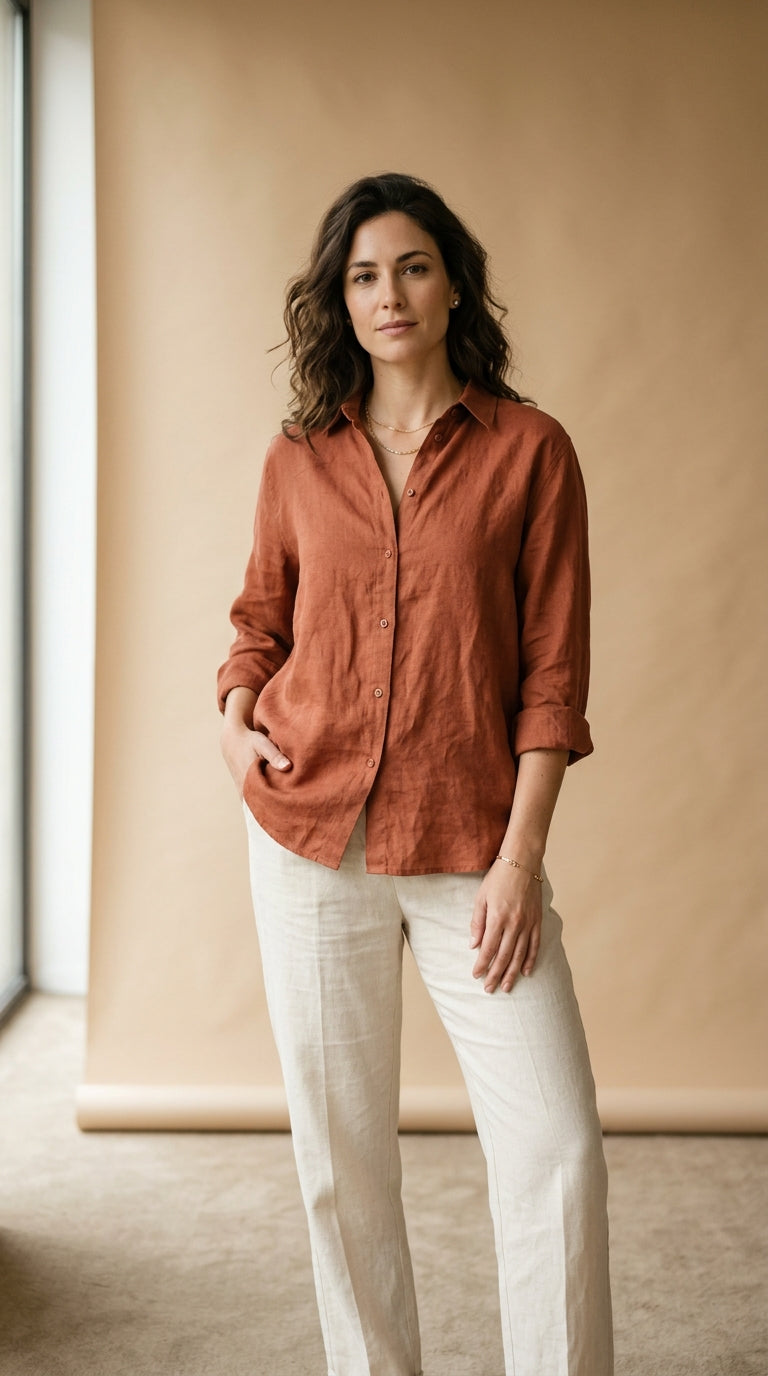 Camicia in lino grezzo terracotta