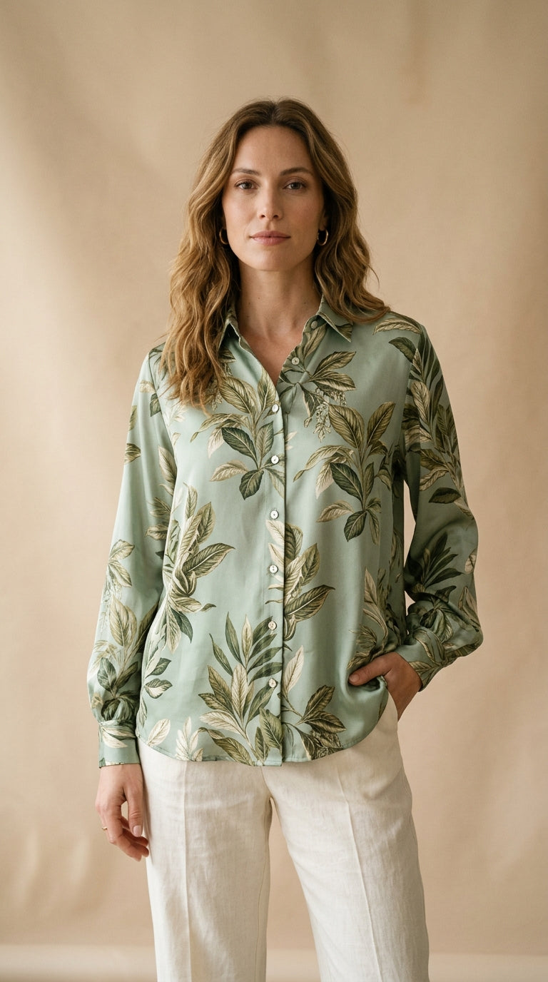 Camicia in seta stampa foglie verde salvia