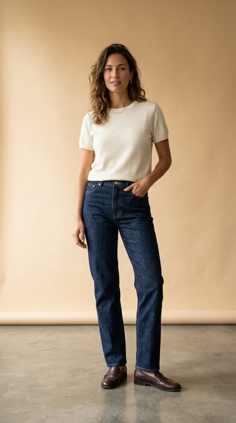 Jeans dritto a vita alta blu scuro
