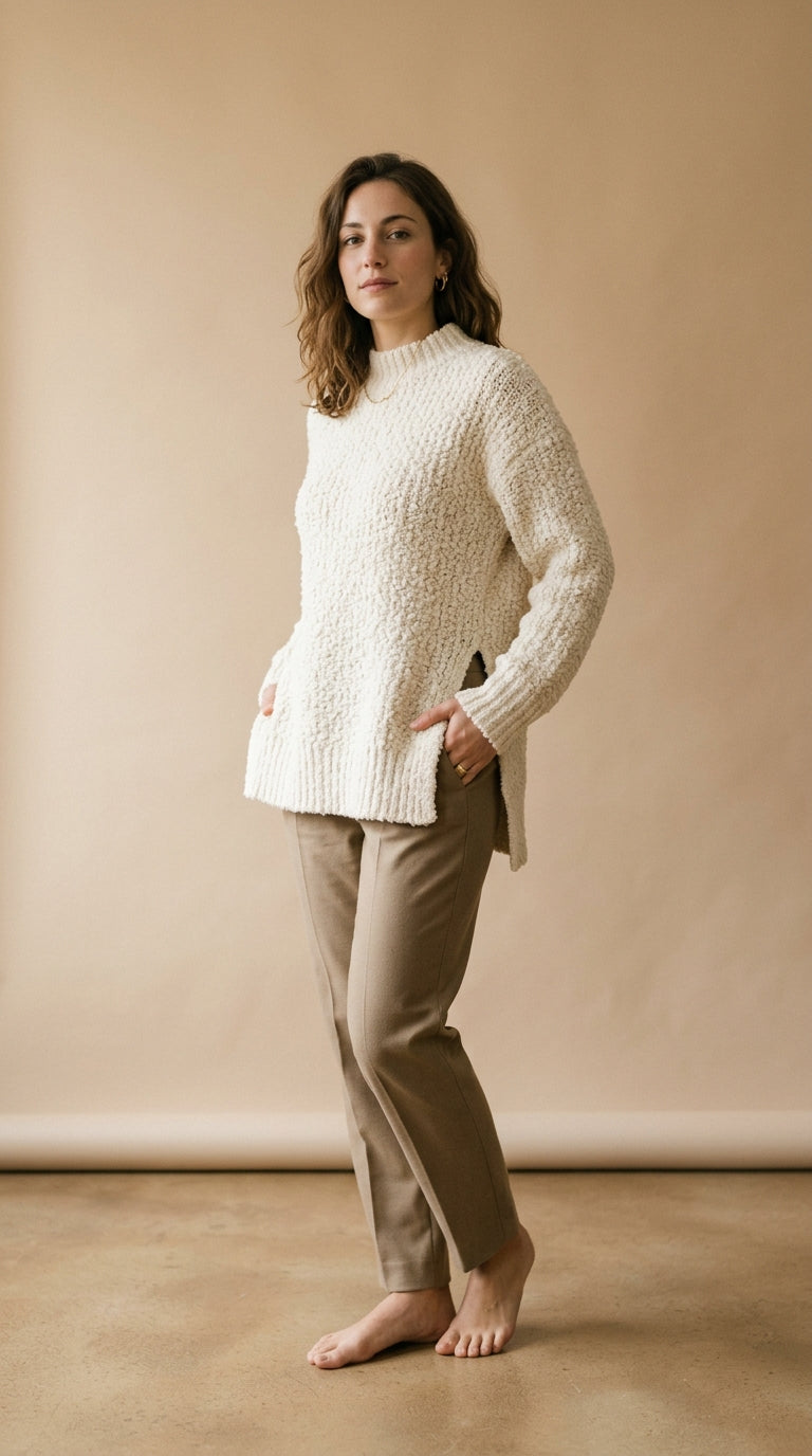 Maglia bouclé con doppio spacco panna