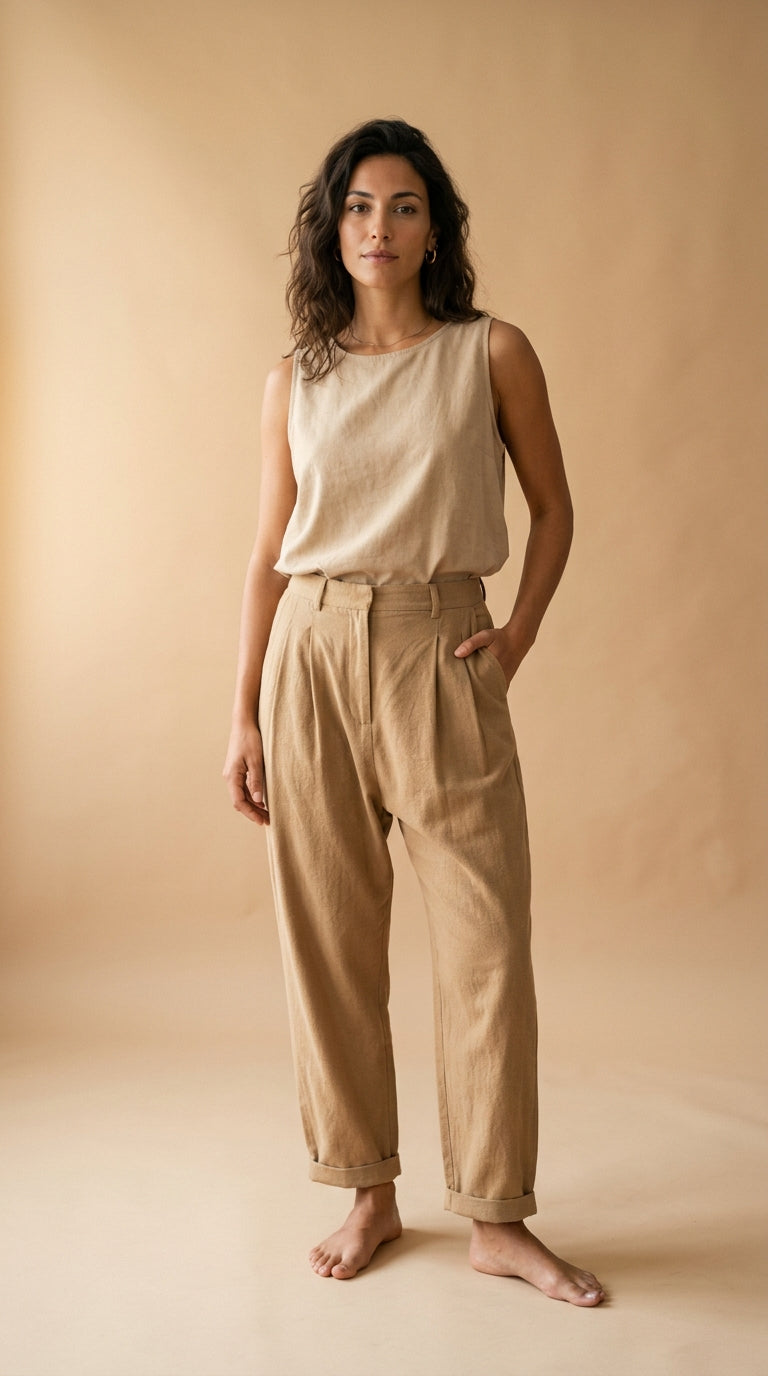 Pantalone con pince e cavallo basso beige