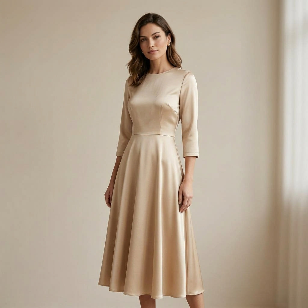 Abito midi in raso color champagne indossato da modella - Valen