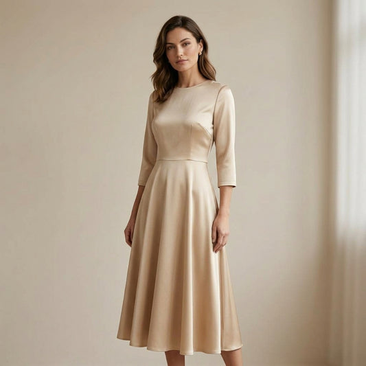 Abito midi in raso color champagne indossato da modella - Valen