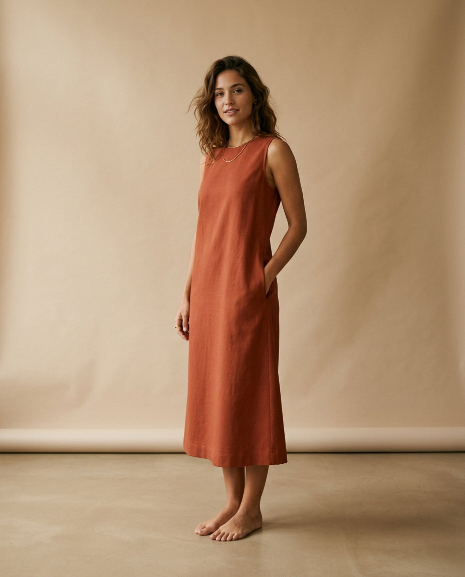 Abito smanicato in twill terracotta