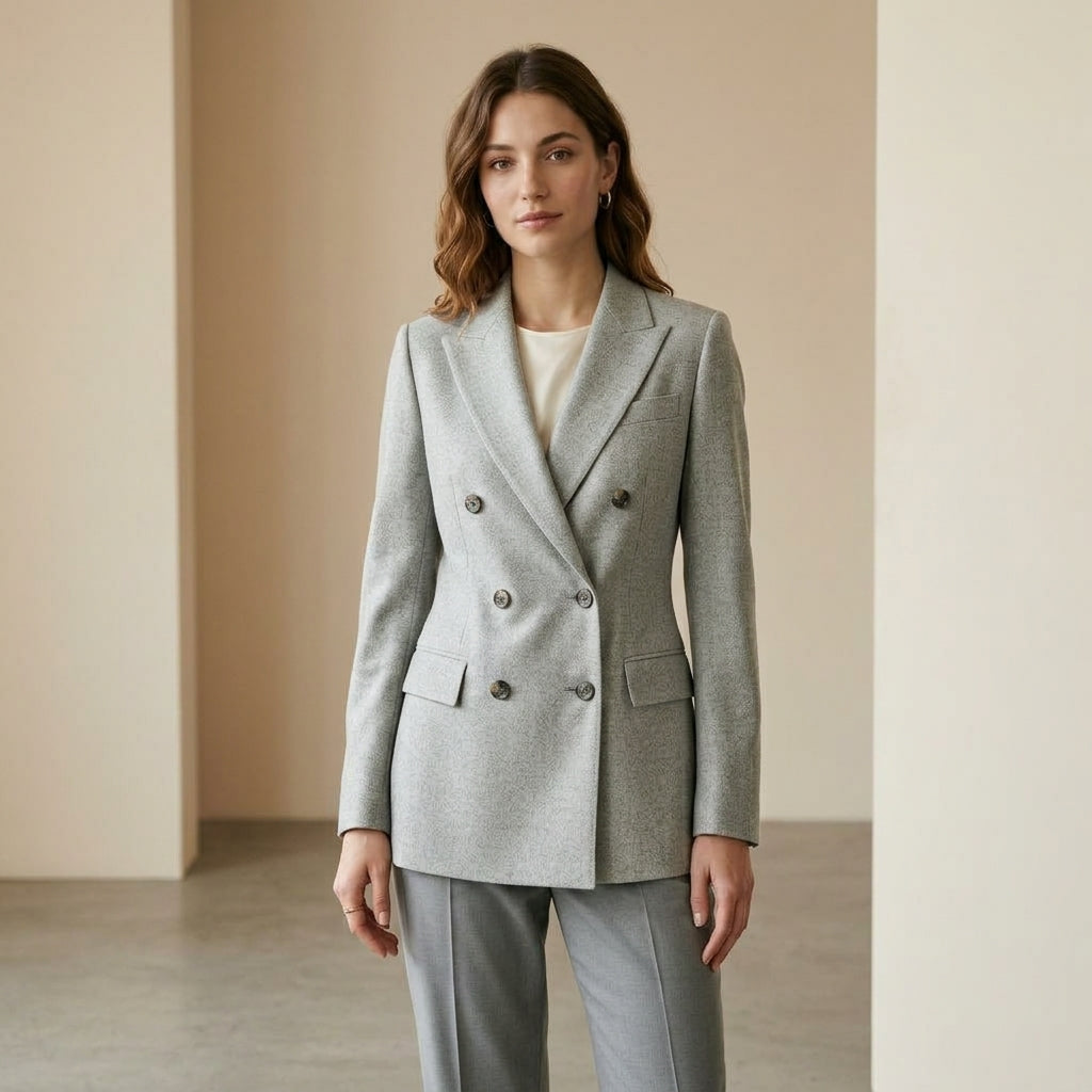 Blazer doppiopetto grigio perla indossato da modella - Valen