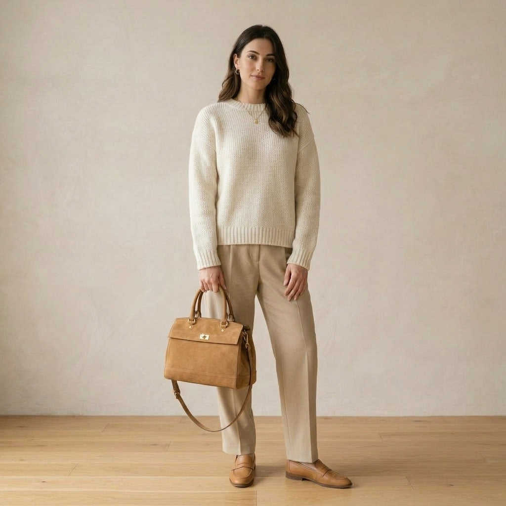 Borsa a mano in pelle scamosciata cammello indossato da modella - Valen