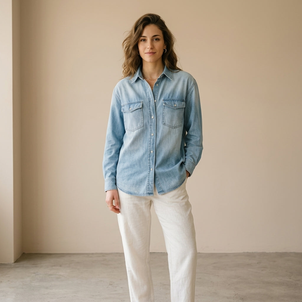 Camicia denim chiara con tasche indossato da modella - Valen