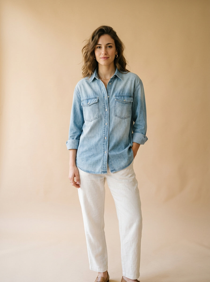 Camicia denim chiara con tasche