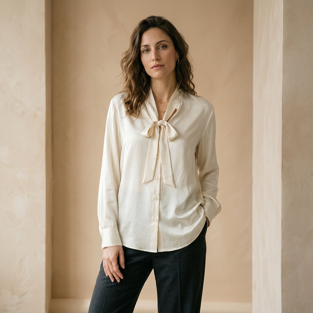Camicia in raso panna con laccio indossato da modella - Valen