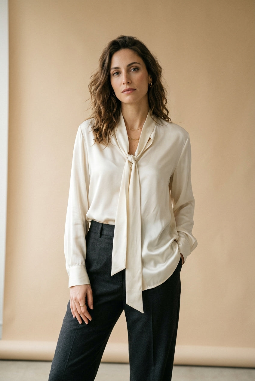 Camicia in raso panna con laccio