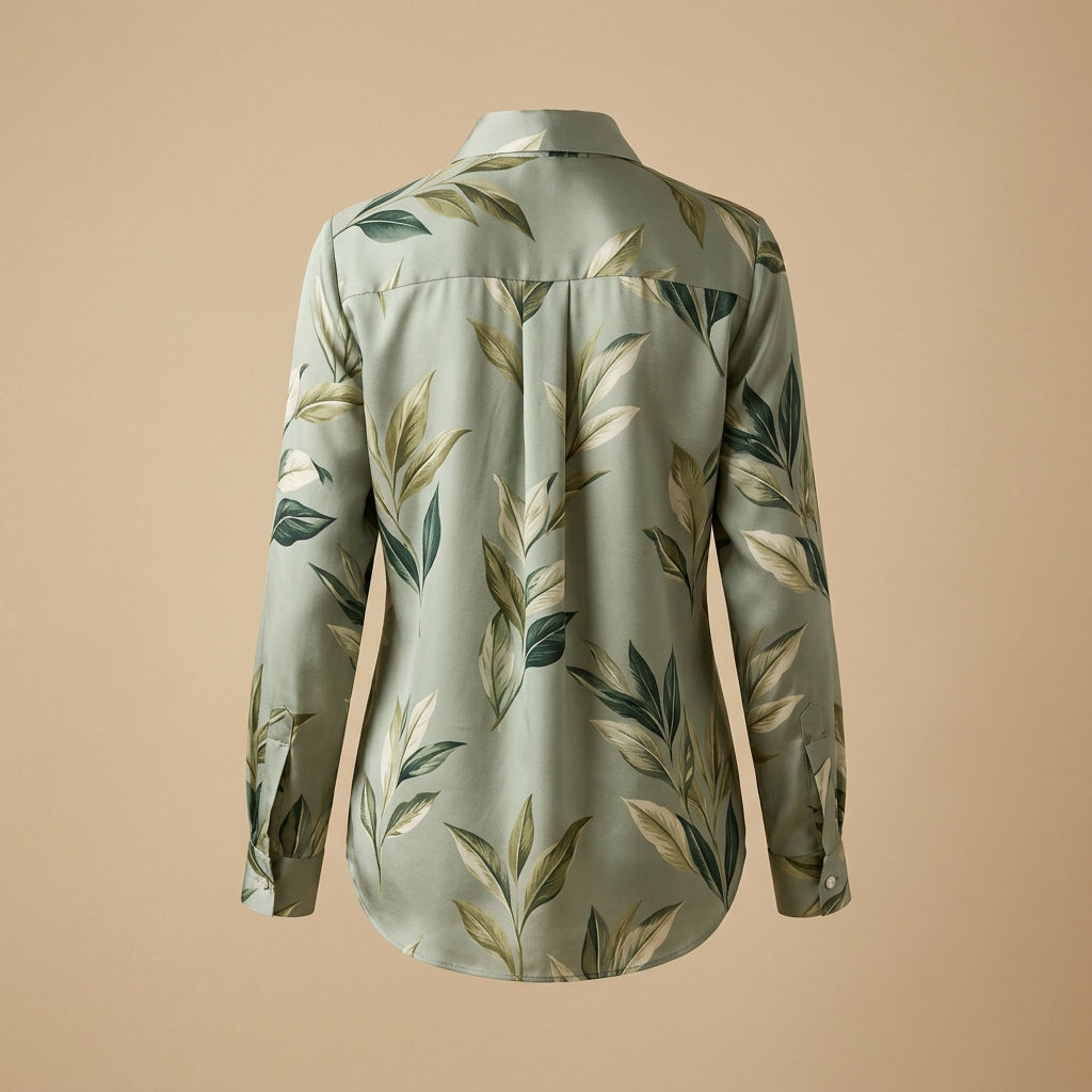 Camicia in seta stampa foglie verde salvia