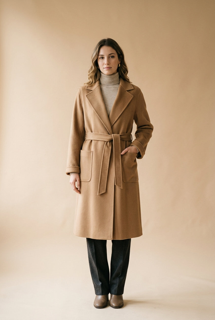 Cappotto in lana cammello a vestaglia