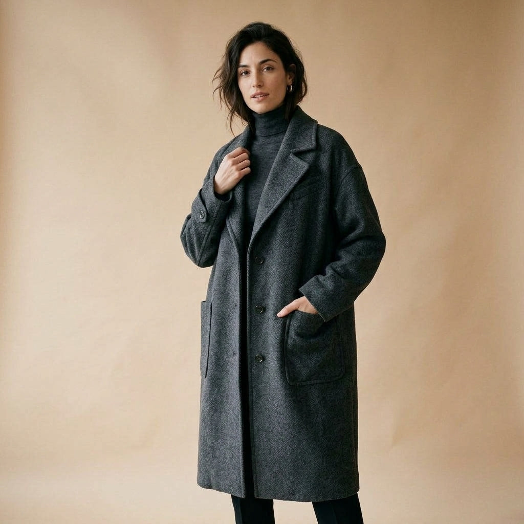 Cappotto oversize grigio antracite indossato da modella - Valen