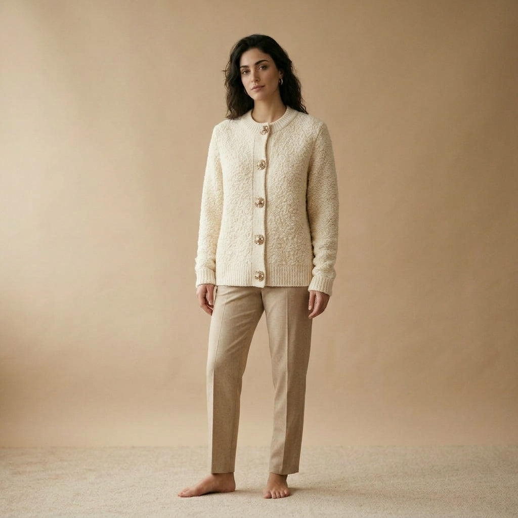 Cardigan bouclé écru con bottoni gioiello indossato da modella - Valen