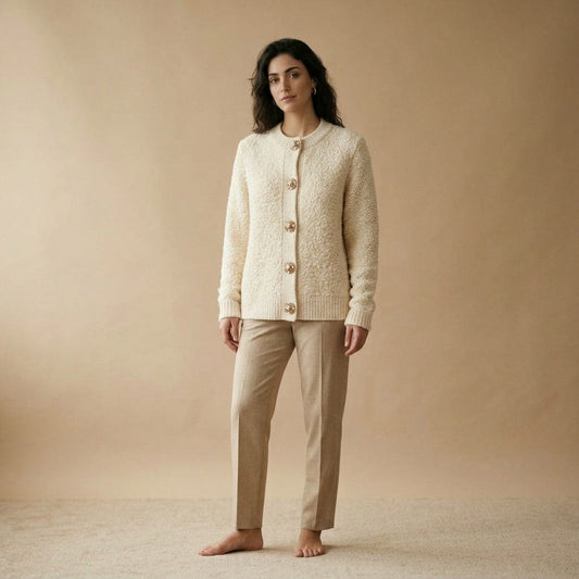 Cardigan bouclé écru con bottoni gioiello indossato da modella - Valen