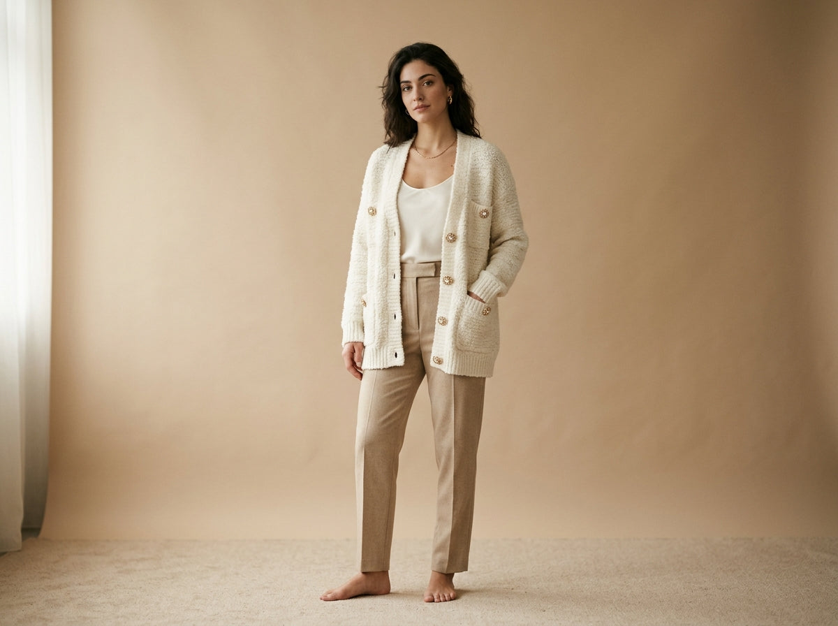 Cardigan bouclé écru con bottoni gioiello