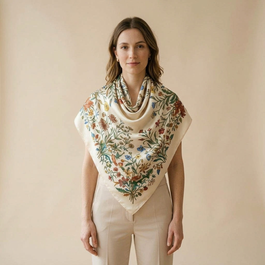 Foulard in seta stampa botanica indossato da modella - Valen