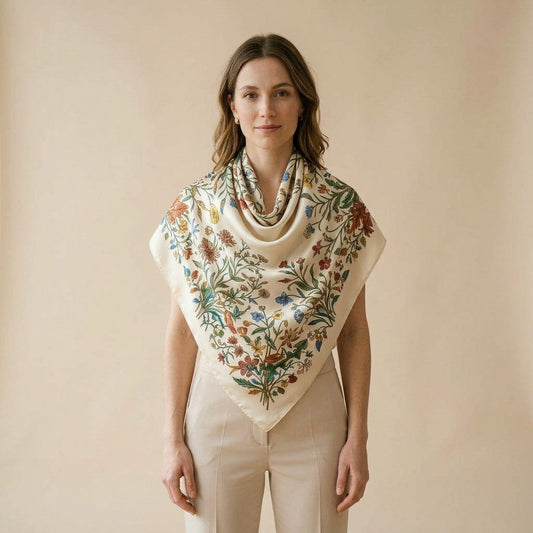 Foulard in seta stampa botanica indossato da modella - Valen