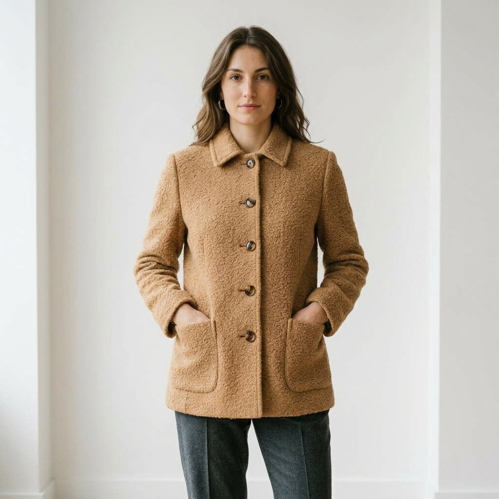 Giacca bouclé color cammello indossato da modella - Valen