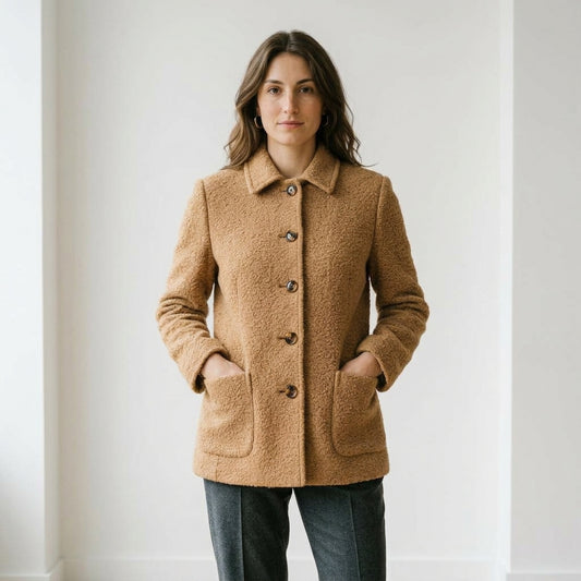 Giacca bouclé color cammello indossato da modella - Valen