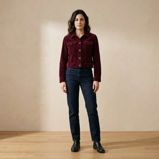 Giacca crop in velluto a coste bordeaux indossato da modella - Valen