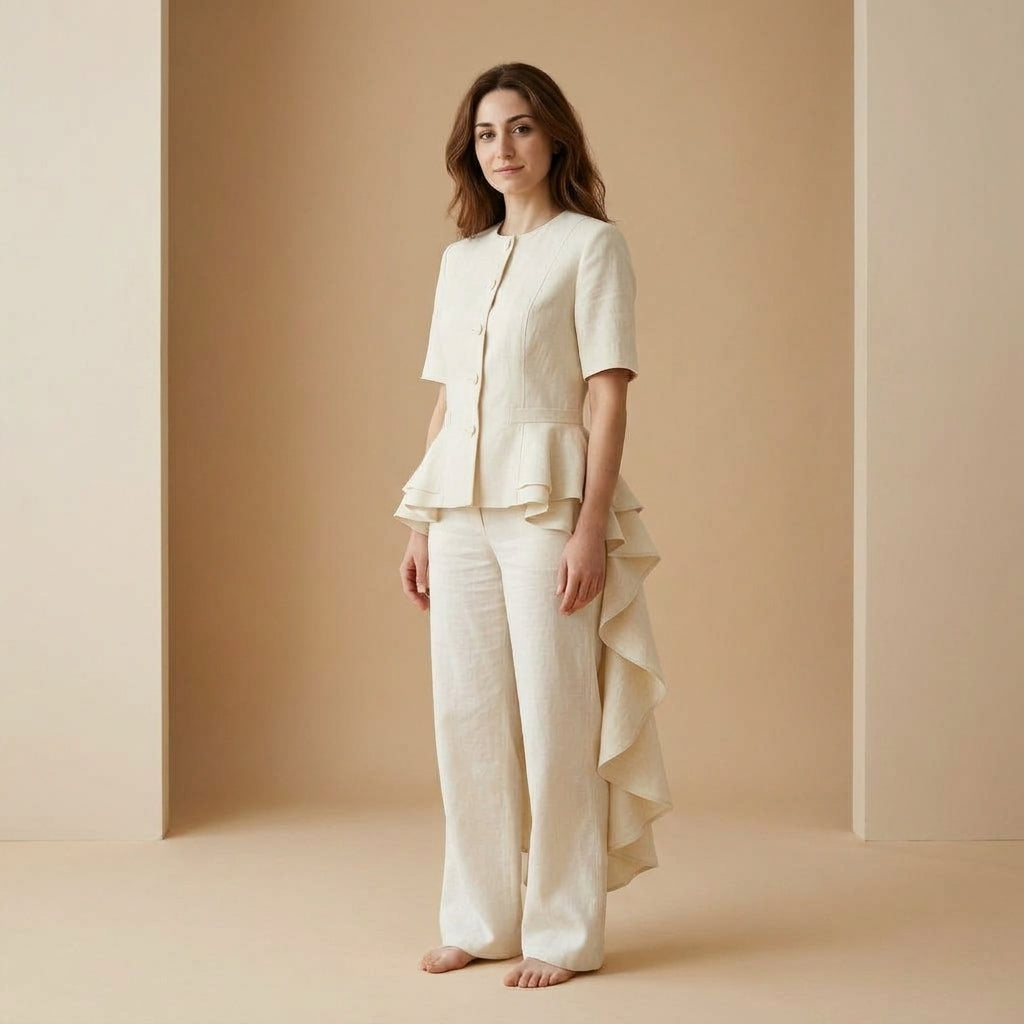 Giacca di lino con balze sul retro panna indossato da modella - Valen