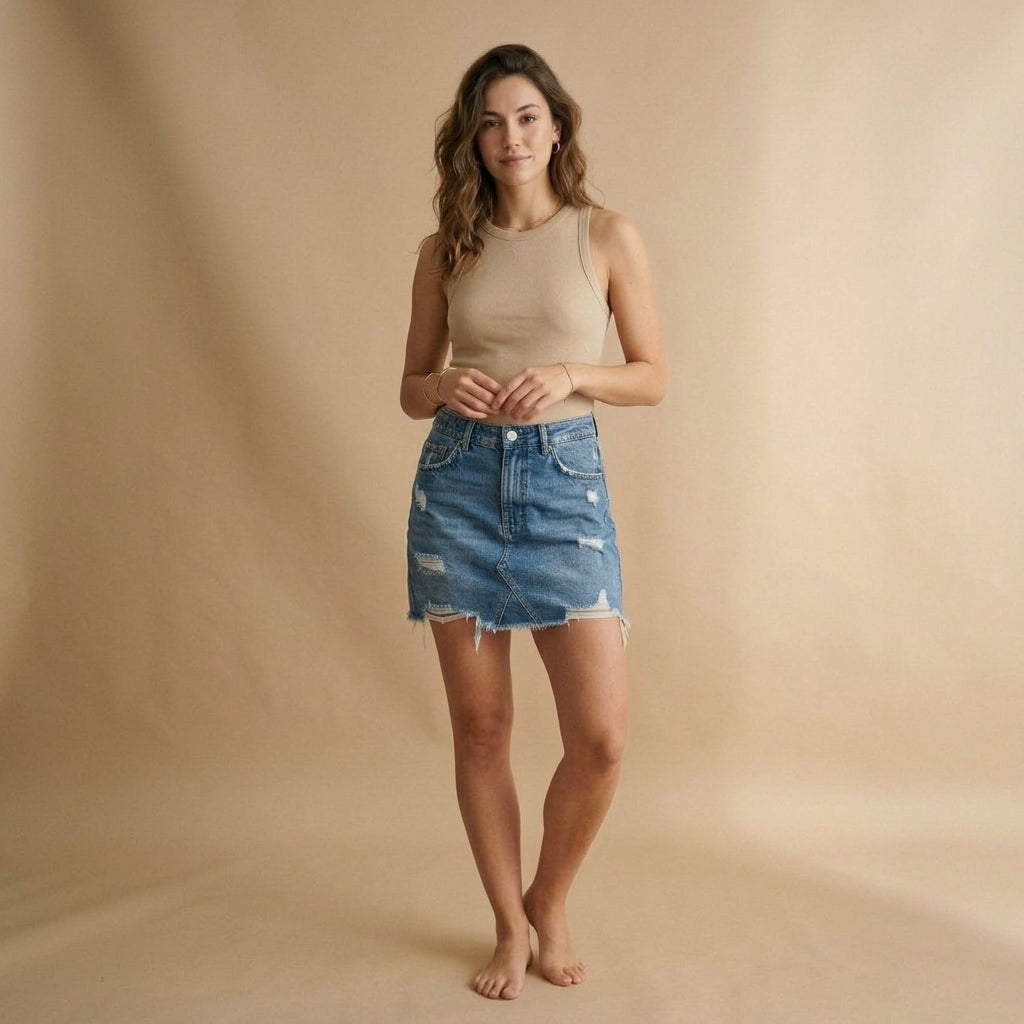 Gonna denim corta con strappi indossato da modella - Valen