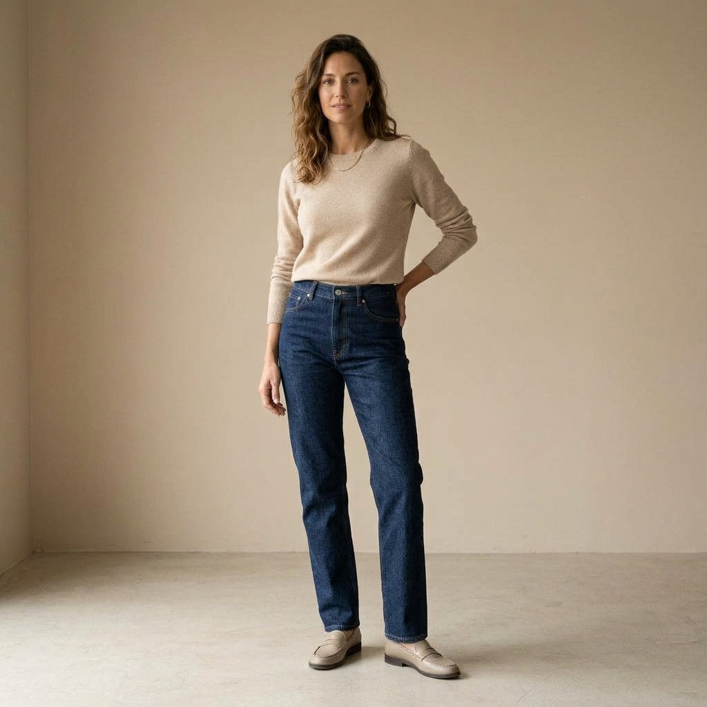 Jeans dritto a vita alta blu scuro indossato da modella - Valen