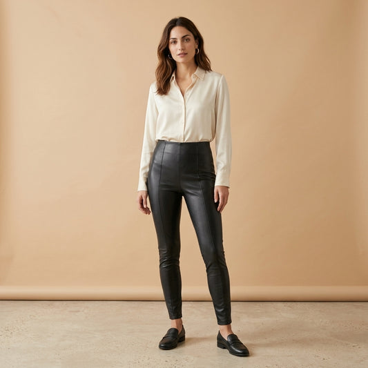 Legging in ecopelle nero indossato da modella - Valen
