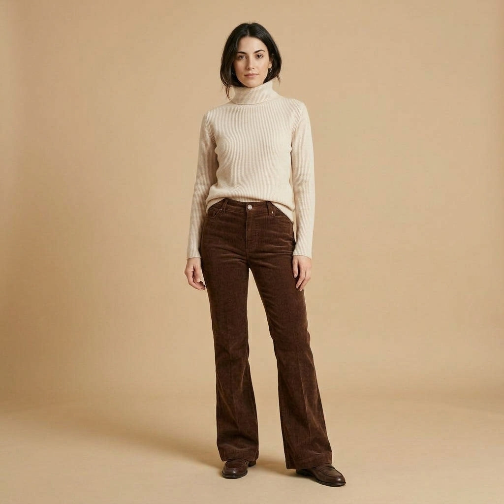 Pantalone a zampa in velluto cioccolato indossato da modella - Valen
