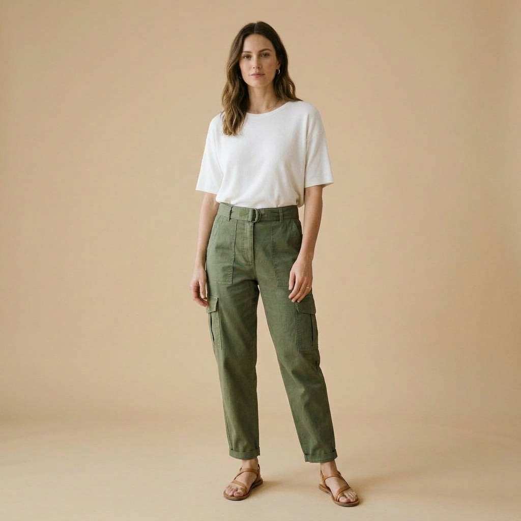Pantalone cargo verde militare indossato da modella - Valen