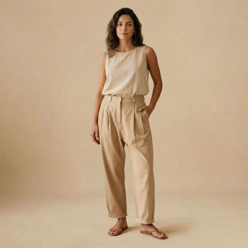 Pantalone con pince e cavallo basso beige indossato da modella - Valen