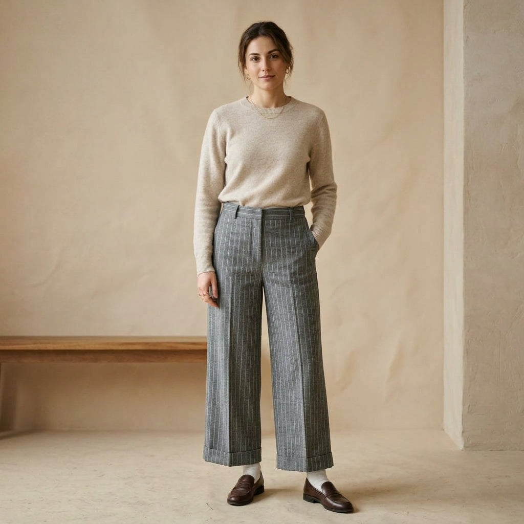 Pantalone culotte a righe gessate indossato da modella - Valen