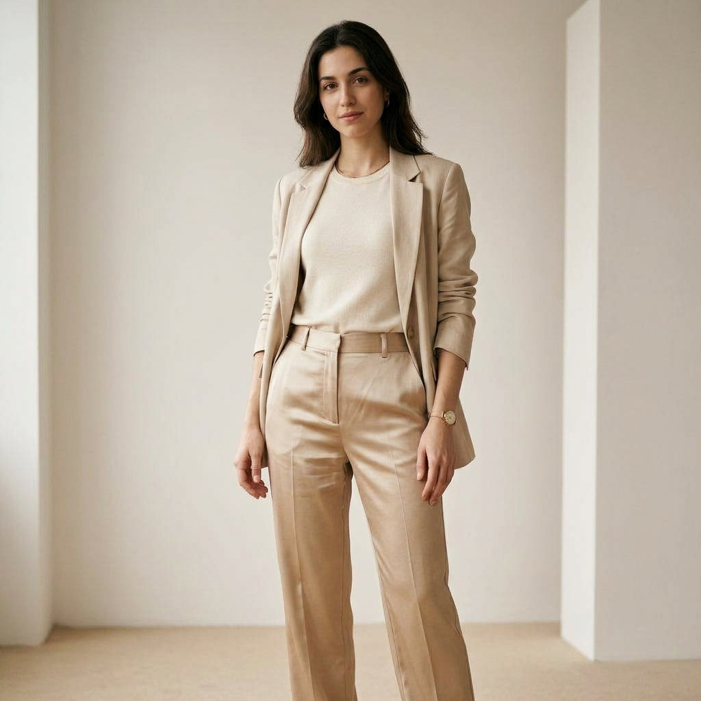Pantalone in raso color champagne indossato da modella - Valen