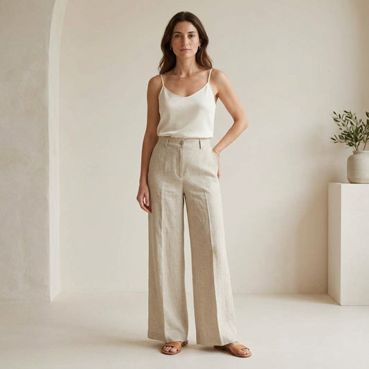 Pantalone palazzo in lino naturale indossato da modella - Valen