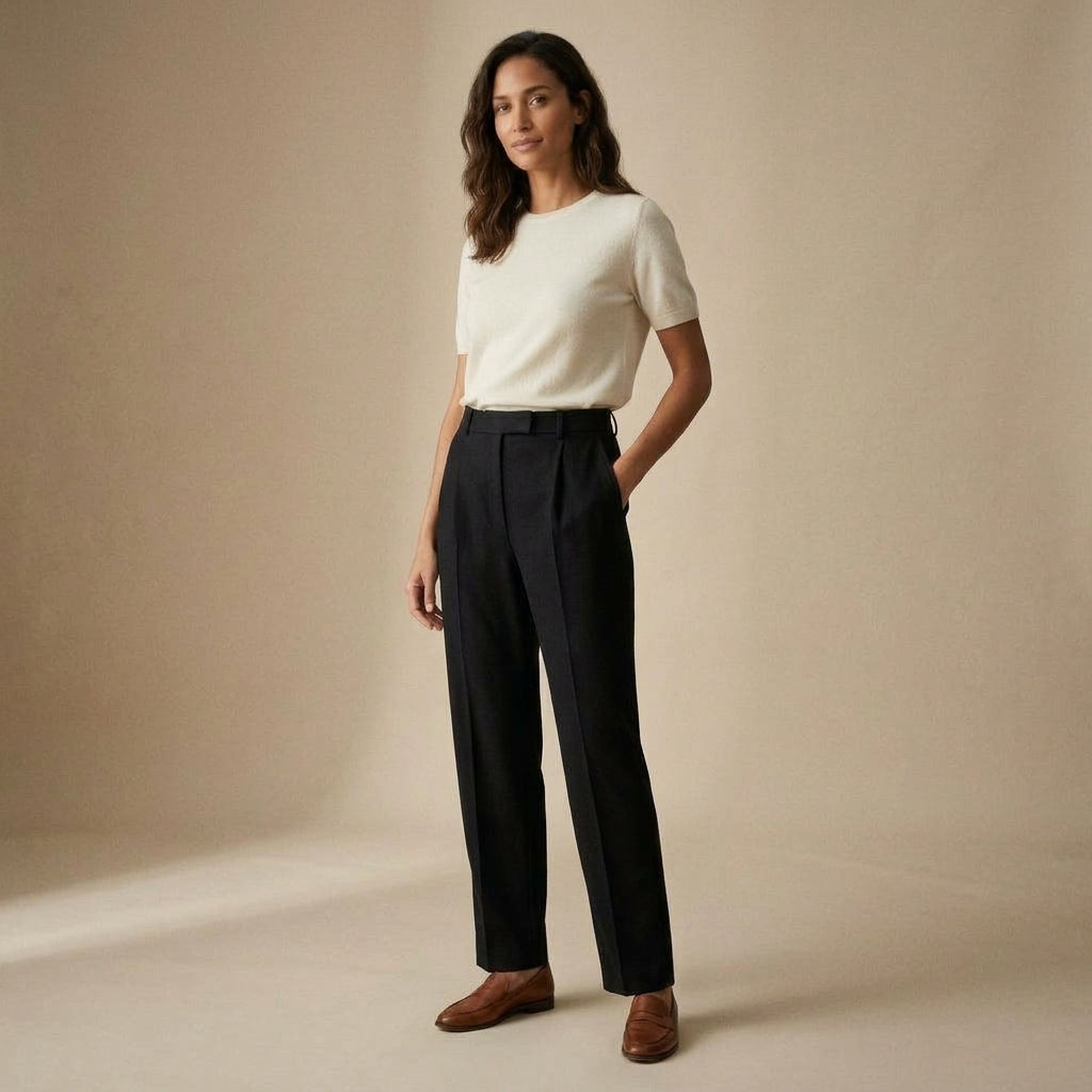 Pantalone sartoriale a vita alta nero indossato da modella - Valen