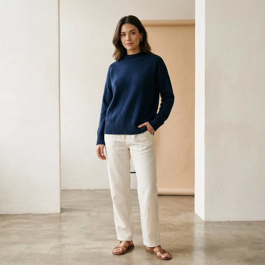 Pullover in cashmere blend blu notte indossato da modella - Valen