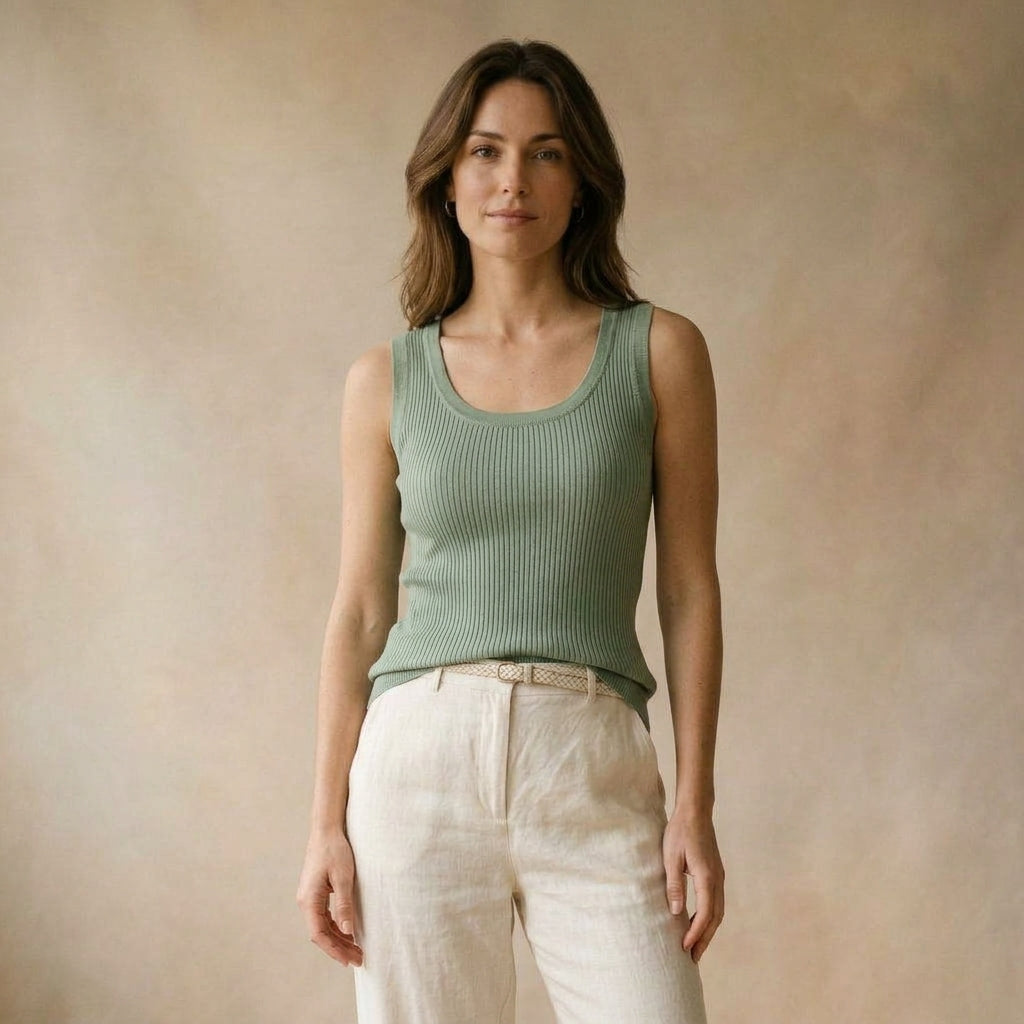 Top in maglia a costine verde salvia indossato da modella - Valen
