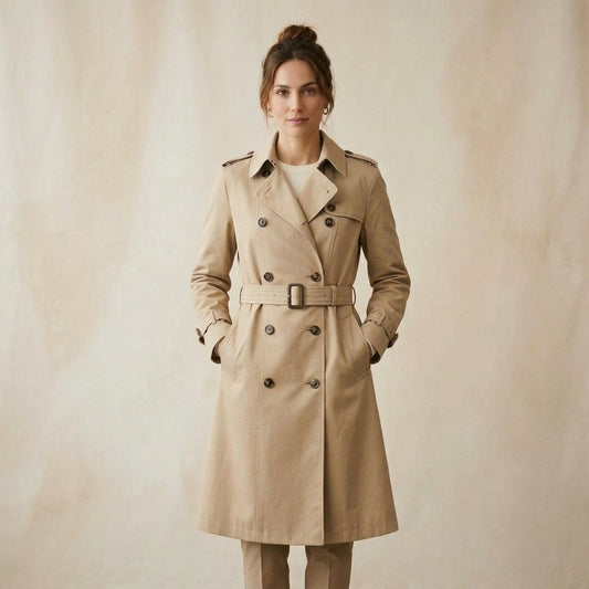 Trench beige doppiopetto indossato da modella - Valen